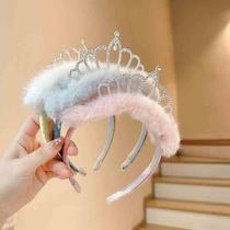 Korean new temperament crown rhinestone headband autumn and winter plush and cute cartoon face wash headband little princess hairpin