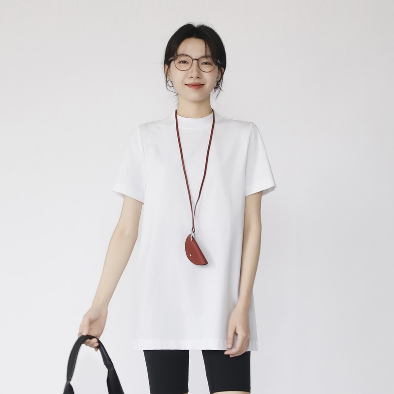 Long T-Shirt That Covers the Buttocks, Stand-Up Collar, Women's Short-Sleeved Cotton Loose Fit, Slimming Half-High Collar Layering Base Shirt, Mid-Length Top