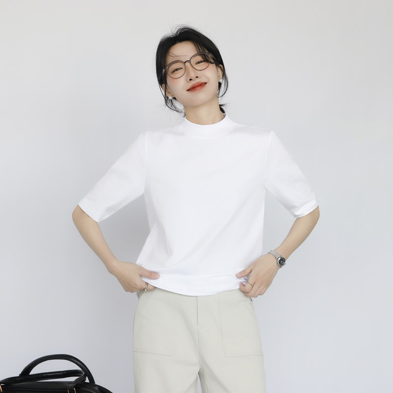 Cotton Half-High Collar T-Shirt for Women, Five-Quarter Sleeves, Stand-Up Collar, Back Seam Detail, Loose Fit, Mid-Neck Base Layer, Layering Top