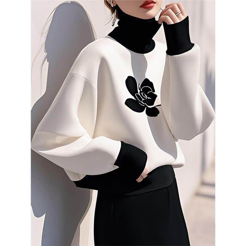 卫衣女新款2024爆款时尚洋气小个子超好看高领加厚黑色假两件上衣