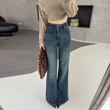 (in Stock) Retro Double-Button Wide-Leg Flared Jeans for Women, 2025 New Style, Petite Size, Fleece-Lined Straight-Leg Bell-Bottom Pants