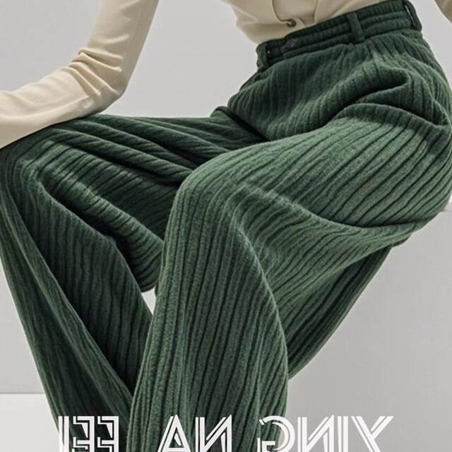 Hyky New Winter Style Retro High-End Drapey Slimming High-Waisted Pants Green Casual Corduroy Wide-Leg Pants