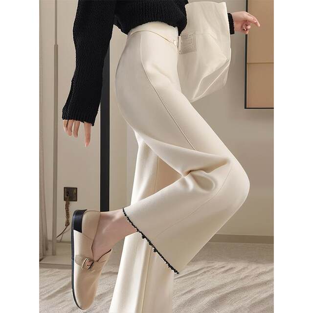 White Chenille Wide-Leg Pants for Women 2024 New Winter Style Loose High-End Feel Petite High-Waisted Straight Casual Pants