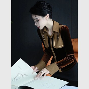 (in Stock) Coffee-Colored Velvet Shirt, Winter Inner Wear, High-End Design, Unique Hepburn-Style French Niche Top