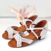 Childrens womens Latin shoes satin cowhide sole dance shoes 2023 new womens Latin dance summer skin color thick heel non-slip