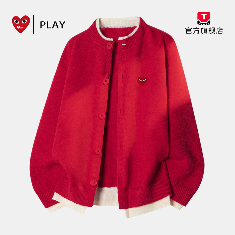 Play Official Red Cardigan Sweater for Men and Women, Couple Outfit, New Year's Holiday Two-Piece Casual Knitwear, Loose Jacket, Trendy