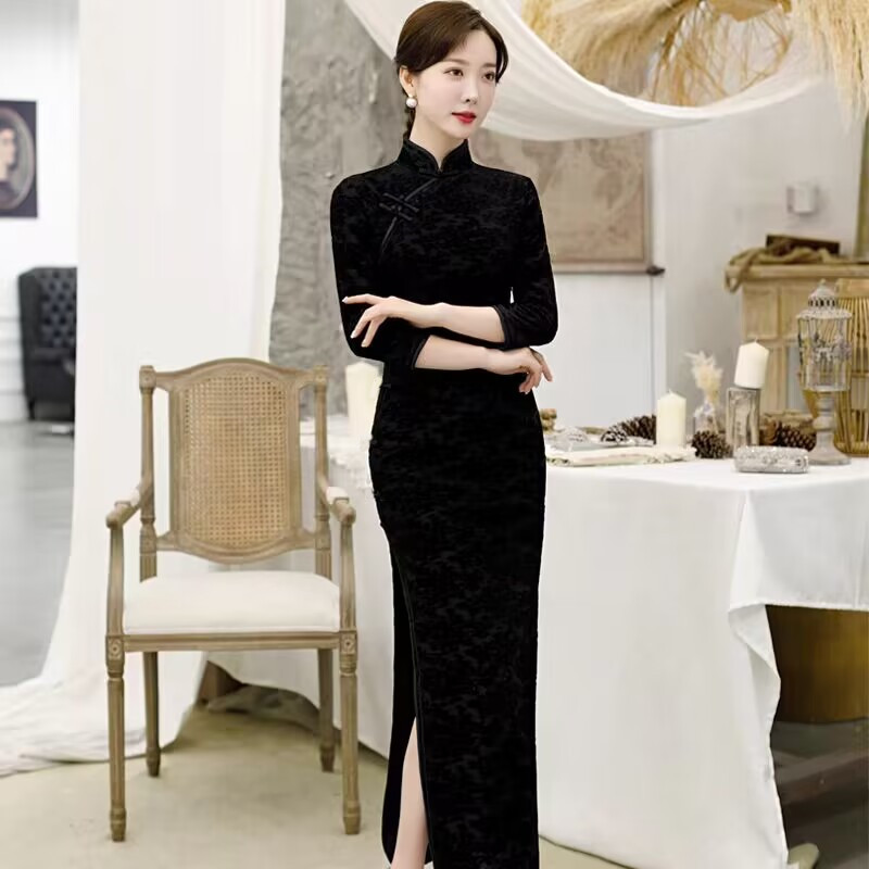Solid Color Spring & Fall Gold Velvet Performance Catwalk Cheongsam Dance Long Skirt Dress Waist Slimming Look Noble Elegant Slit Skirt