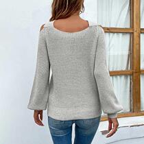 Drizzle cross halter neck lantern sleeve sweater 2023 autumn and winter new solid color leaky shoulder cross-border European and American sweater for women