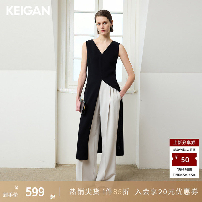Keigan/Japanese Imported Triacetate Double-Sided Crinkle Multi-Wear Zipper Long Vest Dress Set