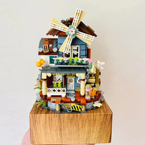 Girls building blocks toy windmill house music box music box three-dimensional cabin house diy childrens birthday gift pendulum