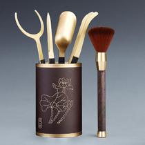 (Light luxury and high-end) Tea Ceremony Six Gentlemen Brass Wood Kung Fu Tea Accessories Set Tea Spoon Pot Holder Pen Tea Ceremony 6