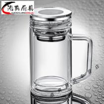 Thickened heat-resistant double-layer crystal glass with handle transparent household water cup mens filter tea cup