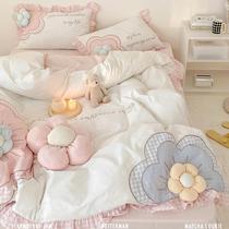 Princess style pure cotton yarn-dyed washed cotton four-piece set pure cotton three-dimensional flower quilt cover super soft bedding for girls who sleep naked