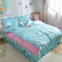 Washed cotton four-piece set for all seasons pure cotton quilt cover pure cotton bed skirt bed cover single and double princess bedding