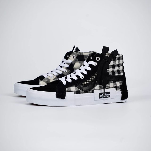 Sk8-Hi Cap Black and White High-Top Deconstructed Zipper Splicing Gray and Yellow Splicing Checkerboard Canvas Men's and Women's Shoes