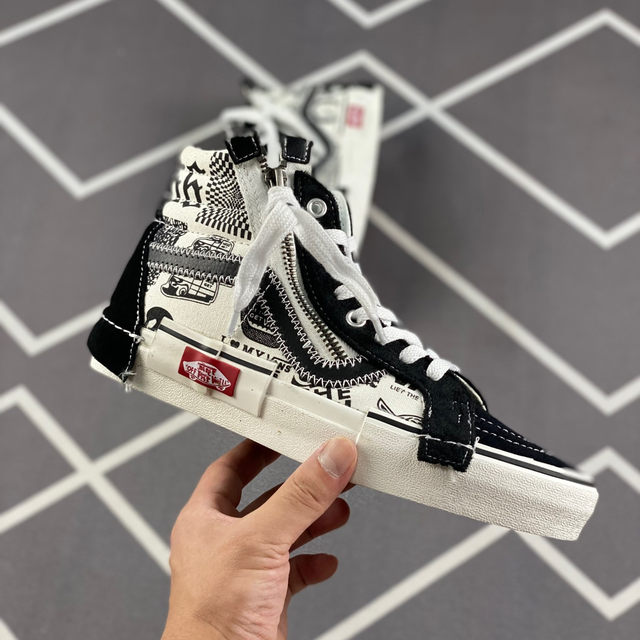 Sk8-Hi Cap Black and White High-Top Deconstructed Zipper Splicing Gray and Yellow Splicing Checkerboard Canvas Men's and Women's Shoes