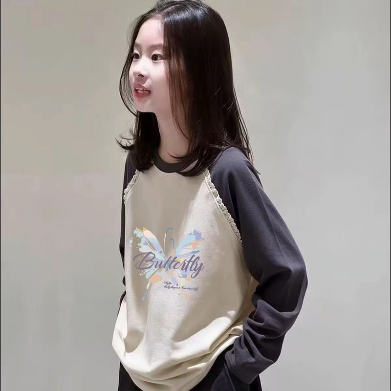 Casual Style Color-Blocked Round Neck Long-Sleeved T-Shirt for Older Children ins Girls' Cartoon Print Patchwork Loose Base Shirt Top