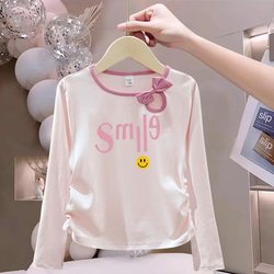 Princess-Style Round-Neck Hollow-Out Girls' Spring and Autumn Long-Sleeve T-Shirt, New Fashionable Children's Pure Cotton Top