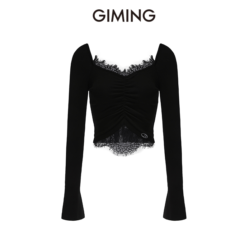 Giming Black Lace Base Shirt, Knitted Long-Sleeve Patchwork Ballet Style, Can Be Worn Outside or as an Inner Layer, Slim-Fitting Top for Women