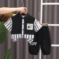 Childrens clothing 2024 new summer style boys 0-3 baby cartoon striped color matching shirt short-sleeved two-piece set