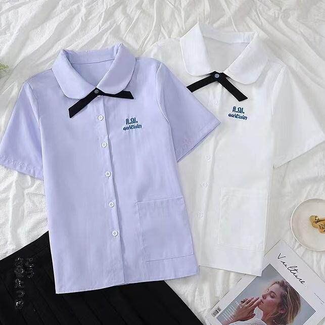 jk制服加工定制 泰式校服女孩学院风衬衫短袖款jk制服女夏季刺绣紫色套装高中班服