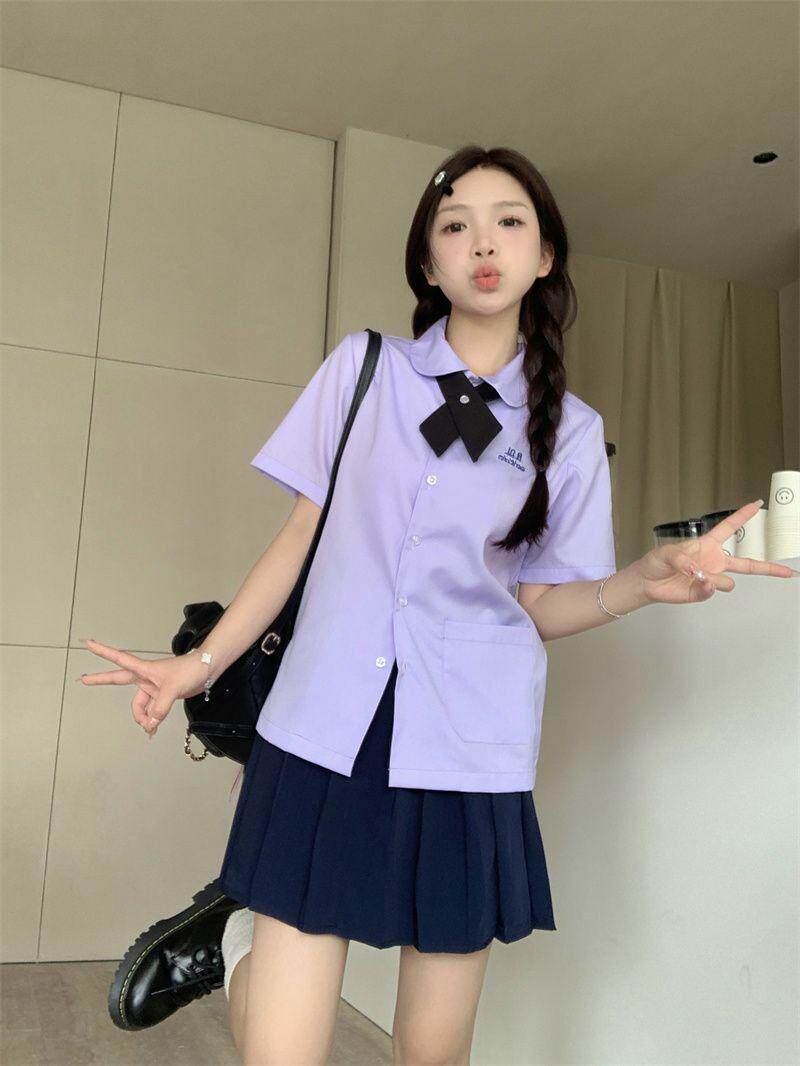 jk制服加工定制 泰式校服女孩学院风衬衫短袖款jk制服女夏季刺绣紫色套装高中班服