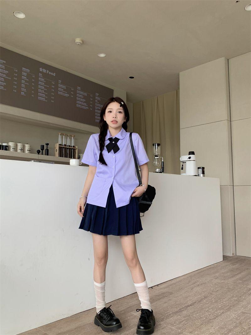 jk制服加工定制 泰式校服女孩学院风衬衫短袖款jk制服女夏季刺绣紫色套装高中班服