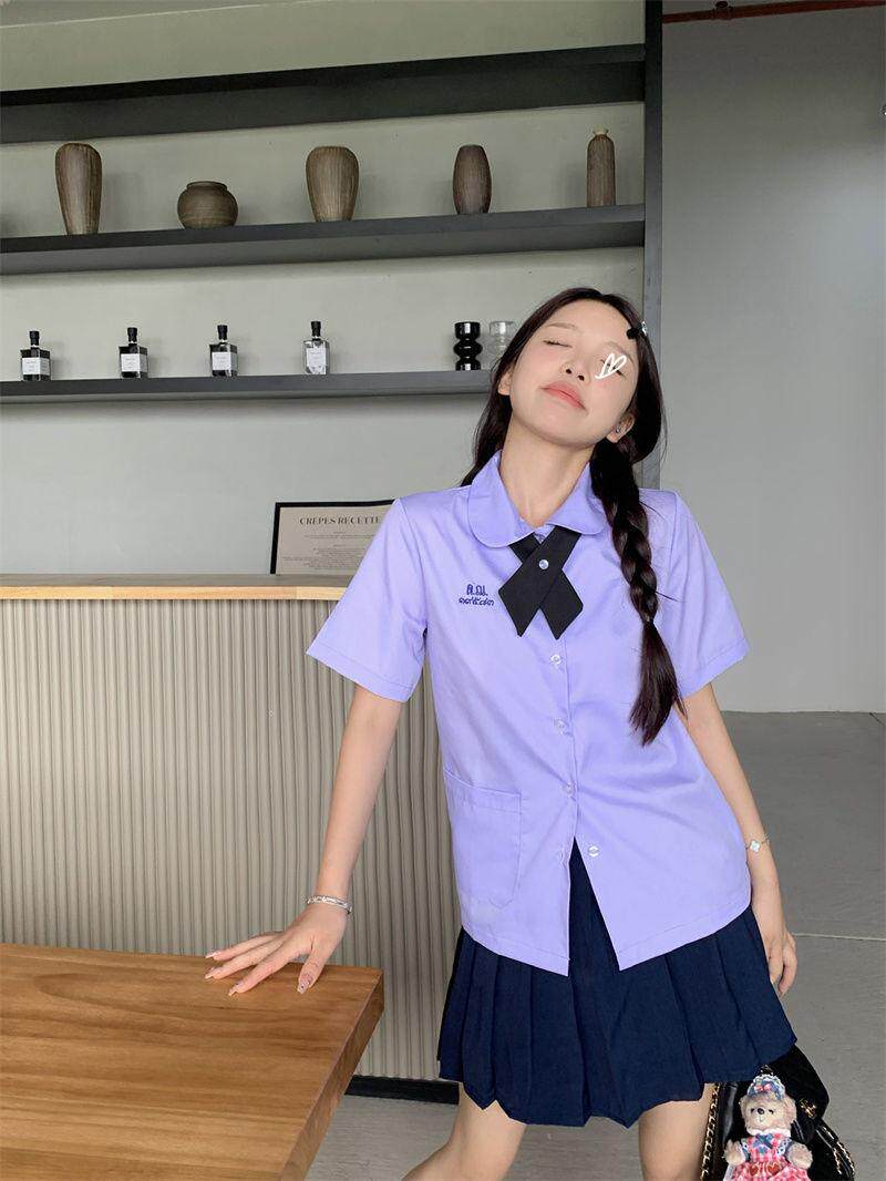 jk制服加工定制 泰式校服女孩学院风衬衫短袖款jk制服女夏季刺绣紫色套装高中班服