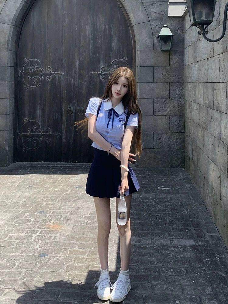 jk制服加工定制 蓝色学院风衬衫百褶裙套装女高级感jk上衣短裙两件套夏季2024新款