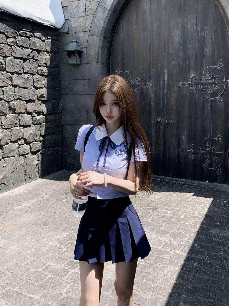 jk制服加工定制 蓝色学院风衬衫百褶裙套装女高级感jk上衣短裙两件套夏季2024新款
