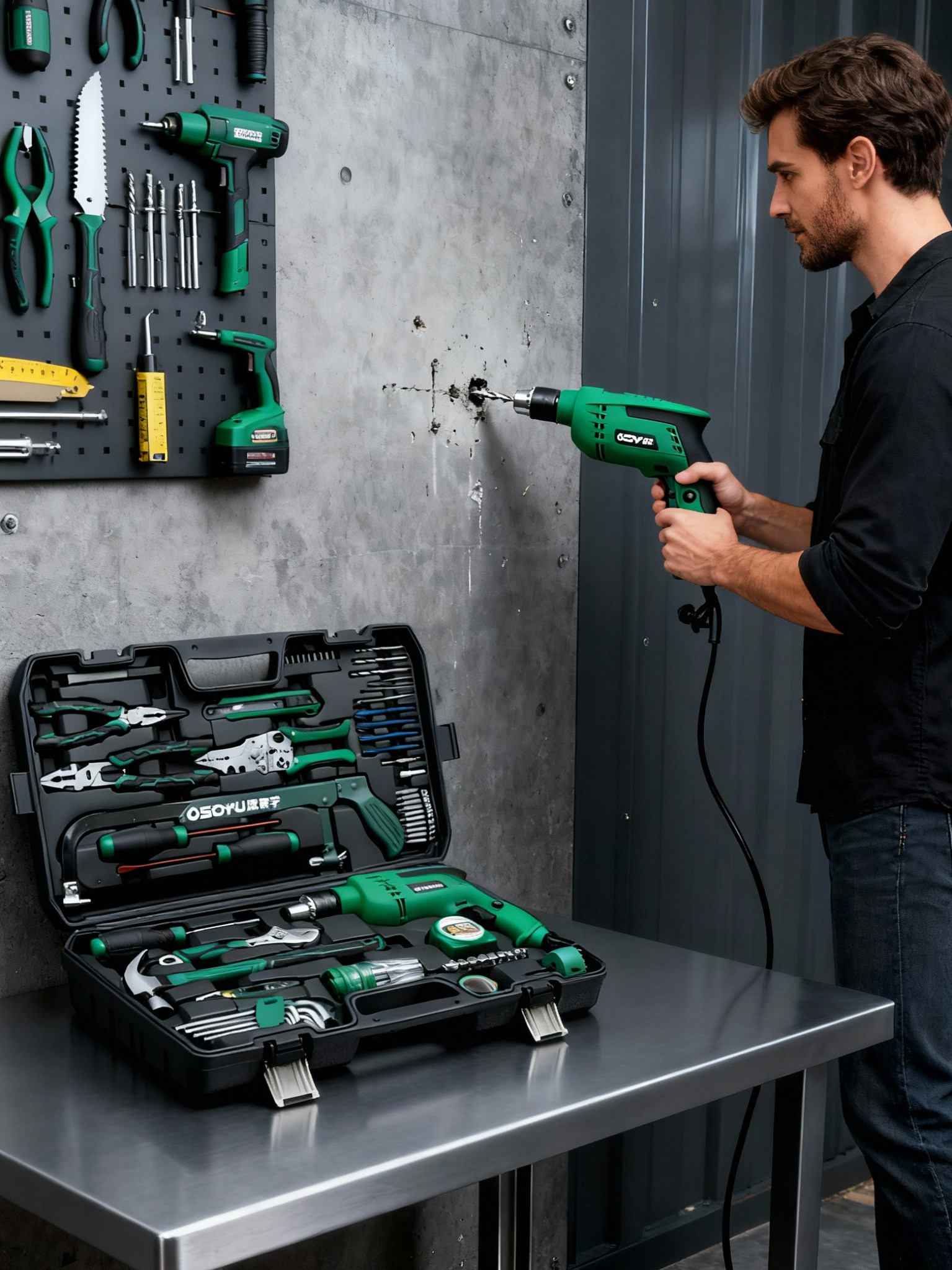 Industrial-Grade 220V Impact Drill Tool Box Set for Home Repair, Electrician Multi-Functional Hardware Combination Complete Set