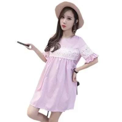 夏装上衣裙子中长款怀孕妇蕾丝孕妇装喇叭袖圆领衣服时尚潮新款