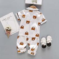 1-2-3-4 year old boy baby summer silky and non-fitting cartoon pajamas and pajamas girls button home clothing