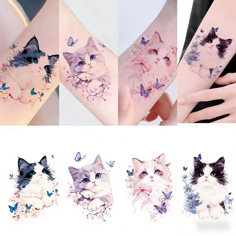Butterfly Cute Cat Tattoo Stickers, Colorful Waterproof Angel Cat, Long-Lasting Fresh Ins-Style Arm Tattoo, High-Value Cartoon Design