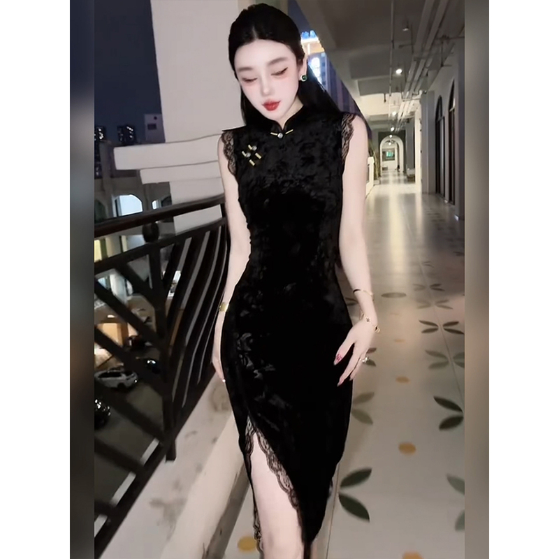 French Retro Black Stand-Collar Lace Sleeveless Cheongsam Dress for Women, New Summer Style, Super Popular, Elegant and Slimming Dress French Retro Black Stand-Collar Lace Sleeveless Cheongsam Dress for Women, New Summer Style, Super Popular, Elegant and Slimming Dress