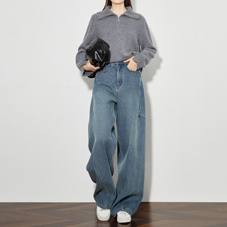 FAESSLIN弯刀牛仔裤女秋冬款加绒加厚高腰阔腿裤高个子宽松镰刀裤