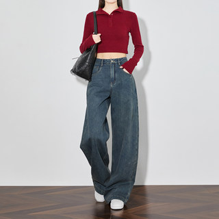 FAESSLIN【穿搭标配】直筒牛仔裤女2025新款秋高腰垂感深色阔腿裤