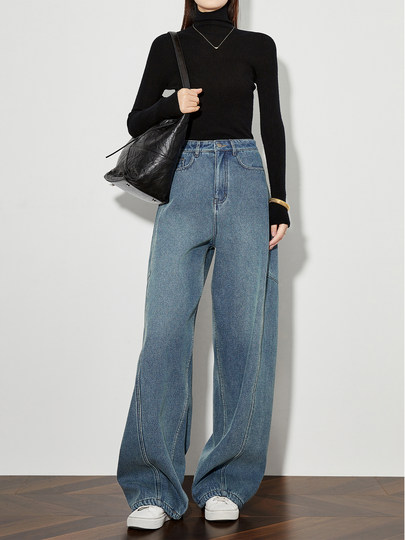 FAESSLIN弯刀牛仔裤女秋冬款加绒加厚高腰阔腿裤高个子宽松镰刀裤