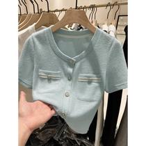 Xiaoxiangfeng short-sleeved T-shirt for women summer ice silk knitted short 2024 new thin hollow design top