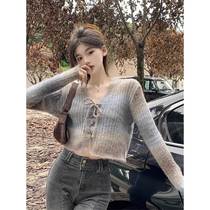 Early autumn gradient tie-dye V-neck knitted cardigan sweater jacket for women with designed strappy short loose and versatile top