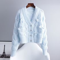Heavy industry rhinestone buckle blue bow v-neck short knitted cardigan pullover sweater for women super fairy jacket 24 early autumn