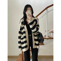 Early Autumn Striped Loose Design Knitted Cardigan 2024 Early Autumn New Womens Clothing Non-Contrast Super Nice-looking Top