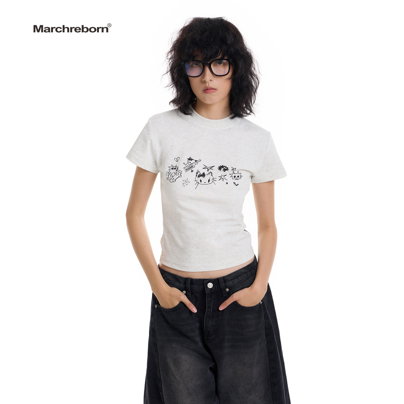 March Original American-Style Fun Cartoon Print Short-Sleeve T-Shirt for Women, Regular Shoulder, Slim Fit, Chic Top