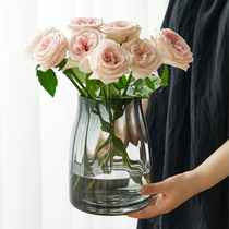 High-end light luxury glass vase decoration living room large-diameter table flower arrangement transparent water-raised flower rose vase