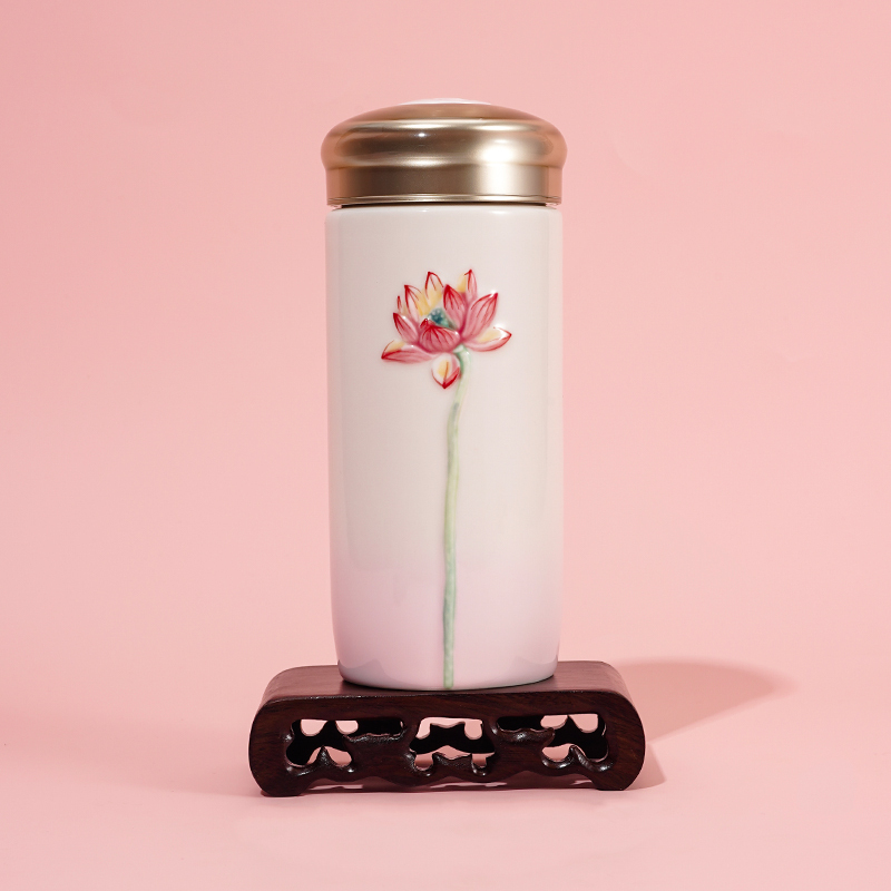 Qiantangxuan Living Porcelain Cup, Qingxin Fulin (Clear Heart Lotus) High-Value Double-Layer Ceramic Water Cup, Female Internet Celebrity Cup, Gift Box Set, Authentic Guarantee