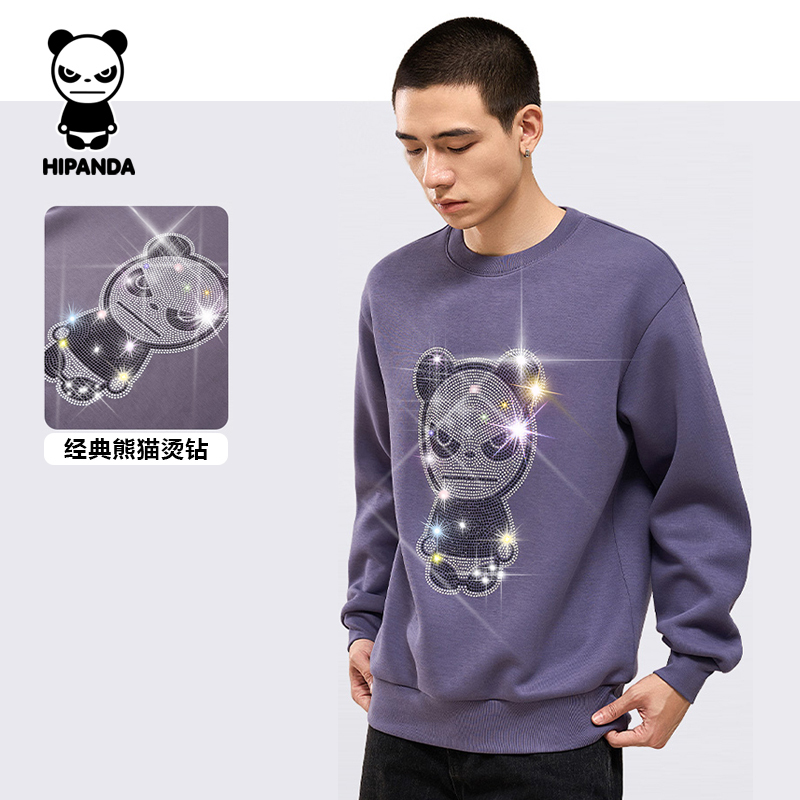 Hipanda Hello Panda Autumn Men's Classic Pattern Rhinestone Sweatshirt Fashion Trendy Loose Round Neck Sweatshirt