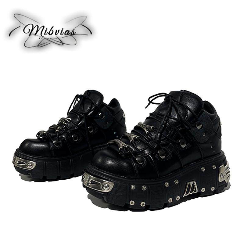 Mibvias Y2K Subculture Heavy Metal Punk Retro Dark Spanish Streetwear Brand Men's and Women's High-Top Shoes