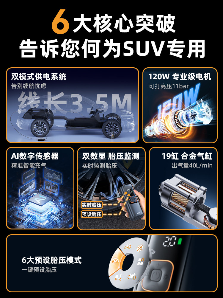 Wocheng Car Air Pump, Wireless Car Air Pump, Dual-Use Wired and Wireless Convenient Electric Air Pump with Tire Pressure Measurement