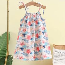Girls princess dress baby suspender skirt oil painting style print western style beach flower color clear