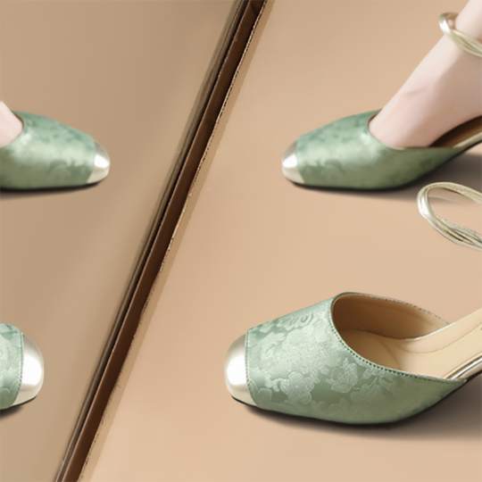 【真皮】新中式包头凉鞋女夏季国风旗袍单鞋粗跟绿色时装高跟鞋子